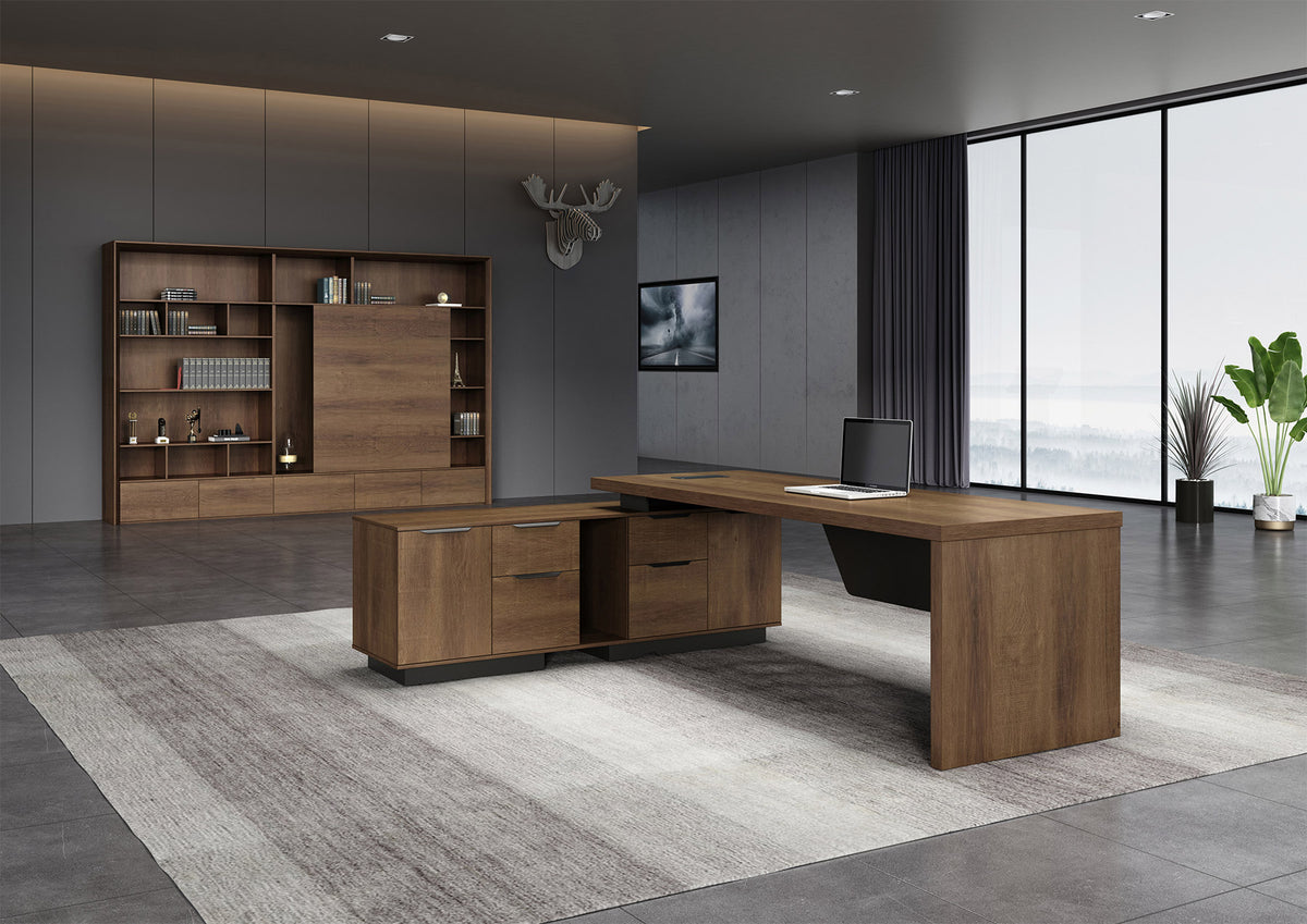 Executive Office Desk Adjustable 1.8M/2.0M With Left Return Brown Oak